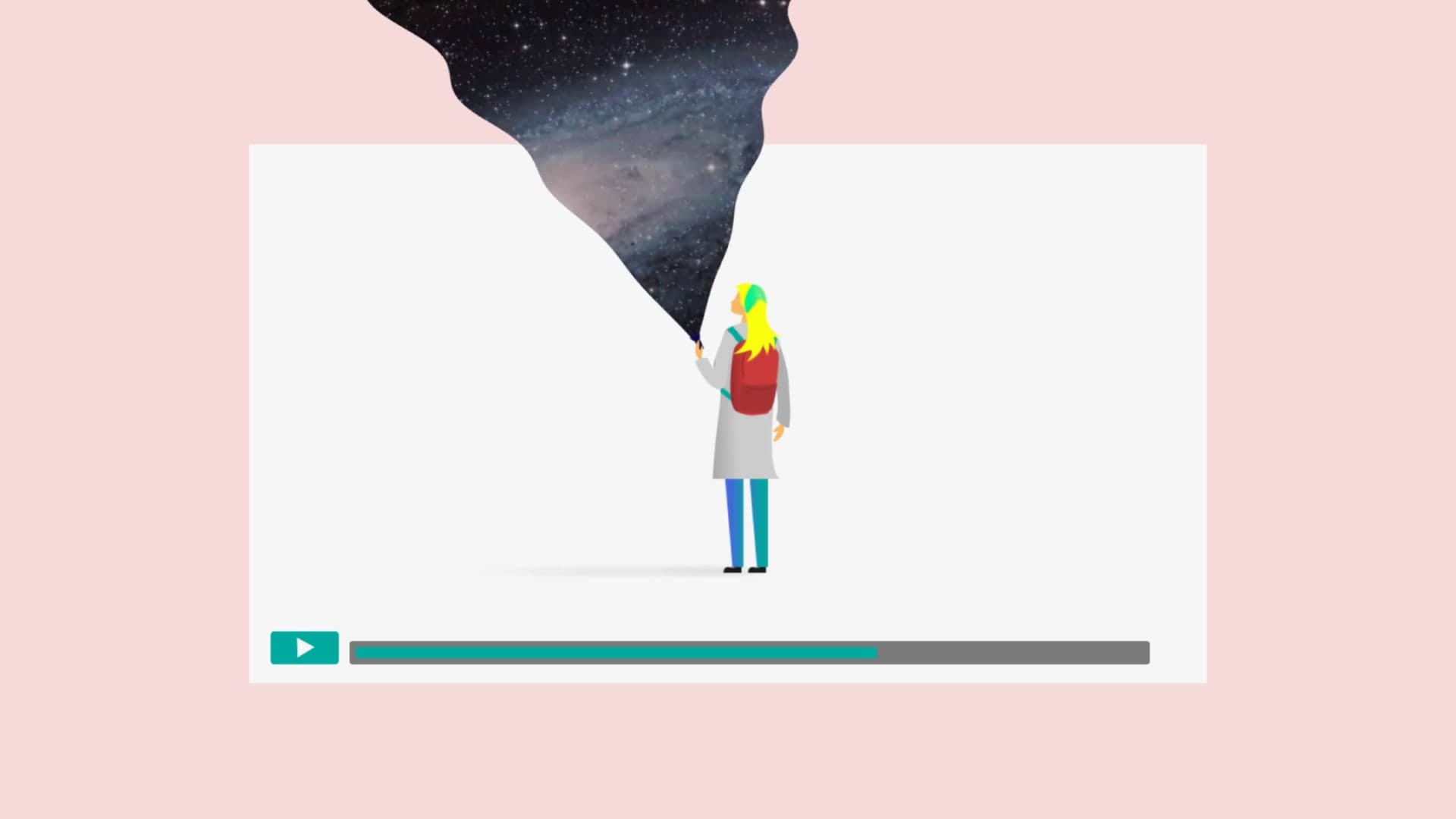 Illustrated character in front of a video player